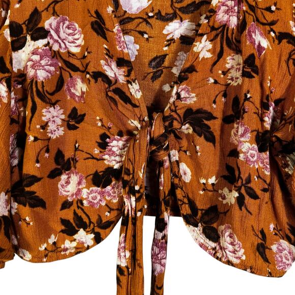 American Eagle Tie Front Crop Top Womens M Brown Floral Bell Sleeve Cottagecore - Picture 3 of 6